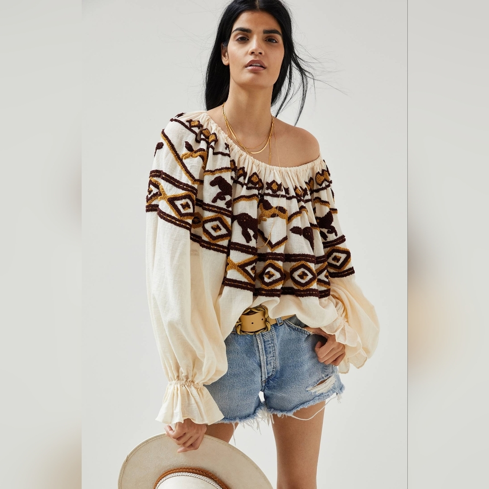 Anthropologie Mes Demoiselles Embroidered Off-Shoulder Horse Blouse Boho Cotton